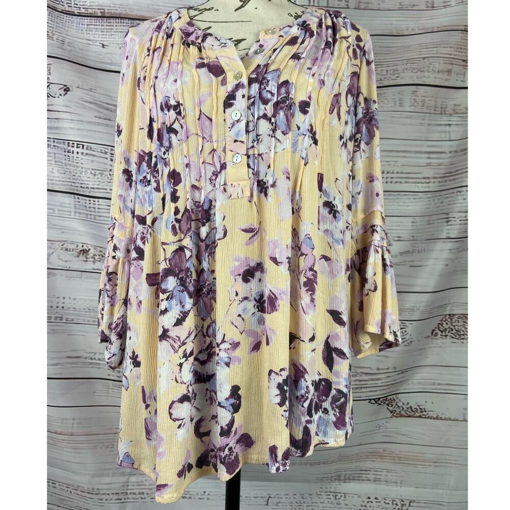J Jill Floral Bell Sleeves Tunic Top Womens S Pintuck Pleat Gauze Side Slits